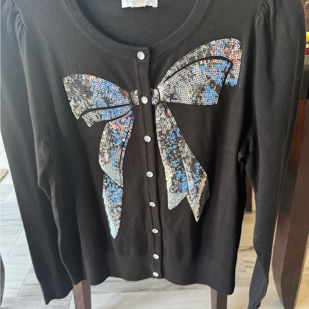 NWT Charter Club Sequined-Bow Button Cardigan Deep Black Biz Casual Dressy